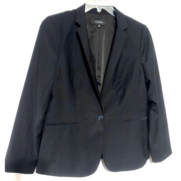 Talbots Black Wool Blazer Sz 10 Single Button Jacket Striped cuff sleeves Chic - Picture 5 of 8